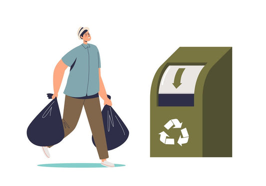 Illustration of a man carrying two large bags of clothing towards a green recycling bin with a recycling symbol on it. This image represents the concept of recycling clothing to reduce waste and promote environmental sustainability.